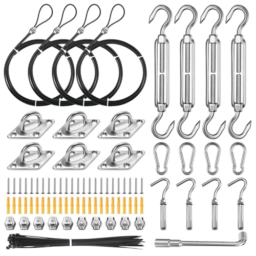 NEREUS Sun Shade Sail Hardware Kit with 12FT Vinyl Coated 304 Stainless Steel Wire Rope for Triangle...
