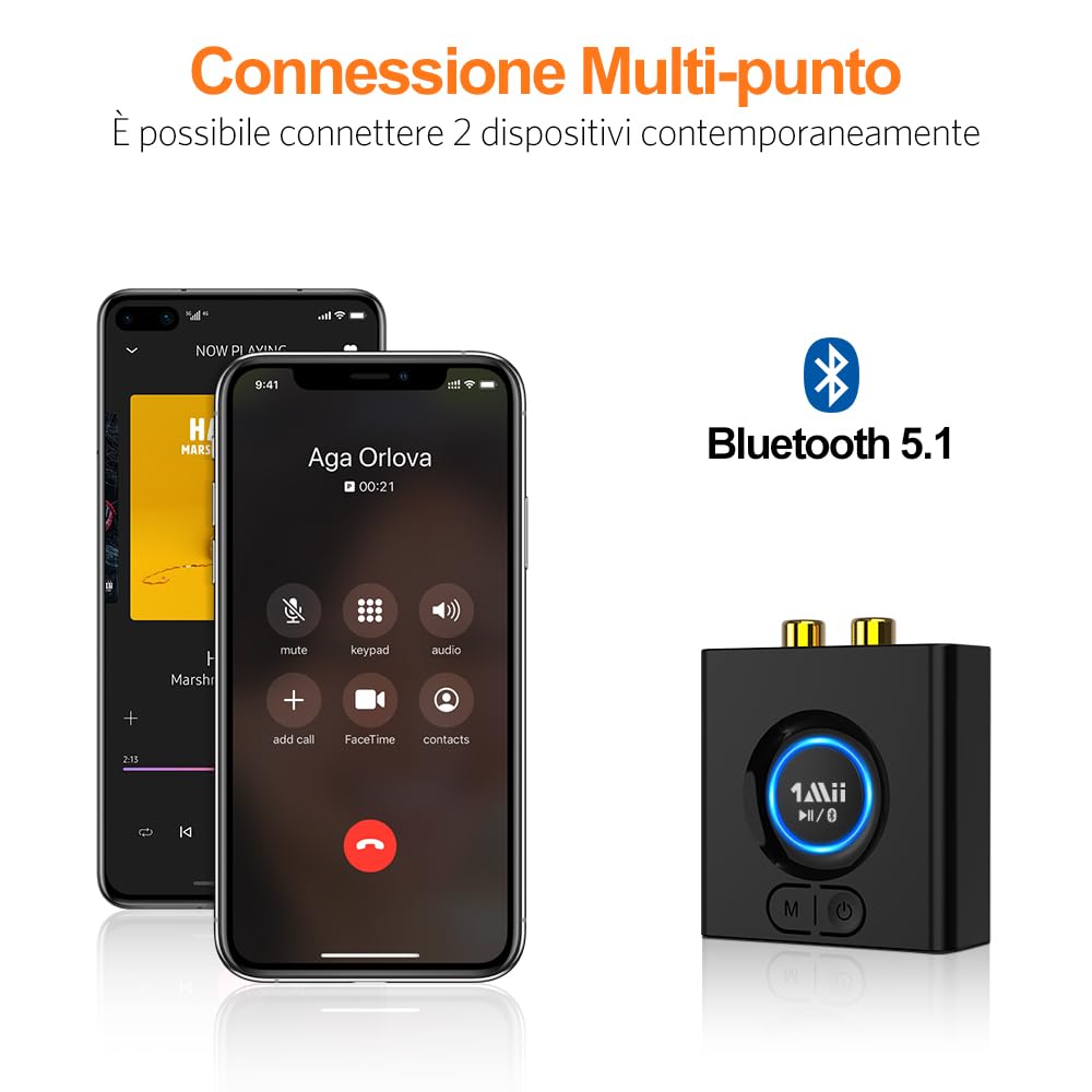 1Mii Ricevitore Bluetooth HiFi, Adattatore Audio Bluetooth 5.1 RCA/AUX 3,5mm Jack con Batteria da 12 Ore, con Modalità Bassi, Bassa Latenza per Impianto Stereo, Amplificatore, Casse Attive- ML200