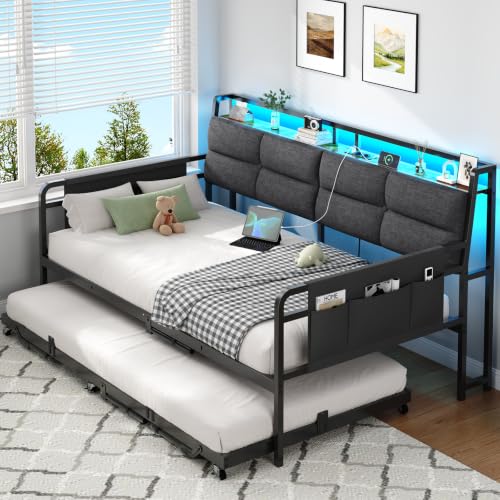 Cama 90x200 cm con Cama Nido 90x200, Metal Acero, LED, Enchufes AC, USB-A/C