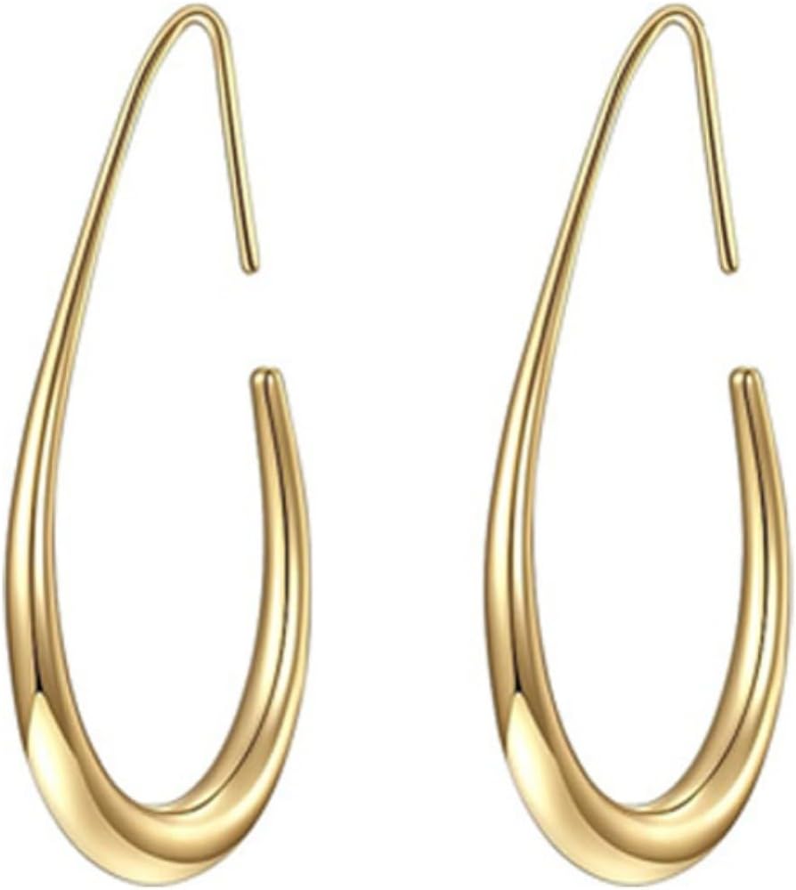 Fashion Teardrop Hoop Earrings for Women-18k Gold Plated Large Oval Pull Through Hoop， High Polished Statement Jewelry Gift.Lightweight & Easy to Wear.