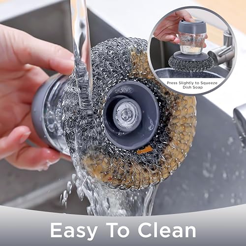 Image of Stainless Steel Scrubber with Soap Dispensing Handle, Heavy Duty Pot Scrubber, Palm Brush with Replaceable Steel Wool Scouring Pad Used for Dishes, Pots, Pans, Grills, Sink, Gray