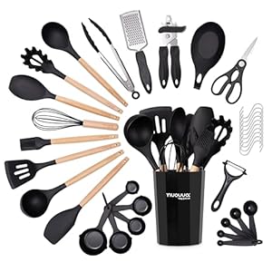 Kitchen Non Stick Cooking Utensils Set – Heat Resistant Silicone Utensils with Wooden Handle – Ladles, Spoons and Spatulas Set – Kitchen Tools & Accessories – 35pcs, Black – by Nuovva
