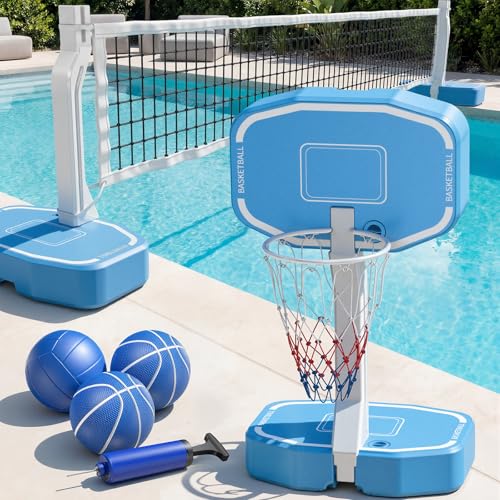 Pool Volleyball Net&Pool Basketball Hoop 2 in 1,Pool Volleyball Net for Inground pools,Pool Basketball Hoop Poolside with Base&Stand，Includes 3 Balls/2 Base/Pump, Summer Outdoor Pool Games for Adults