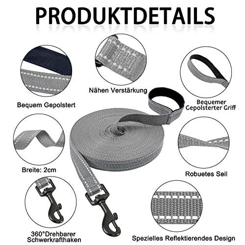 Demigreat Schleppleine für Hunde, 3m / 5m / 10m / 15m / 20m Robuste Lange Hundeleine Reflektierend Trainingsleine mit Gepolsterter Griff und handschlaufe, Ausbildungsleine für Kleine bis Große Hunde