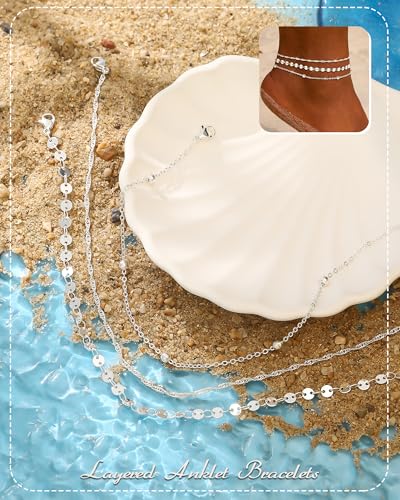 Image of ZHESHY Gold Silver Ankle Bracelets for Women 14K Gold Plated Anklets for Women Waterproof Cuban Link Heart Chain Anklets Set Non Tarnish Dainty Layered Anklet Bracelets for Women Summer Beach Jewelry