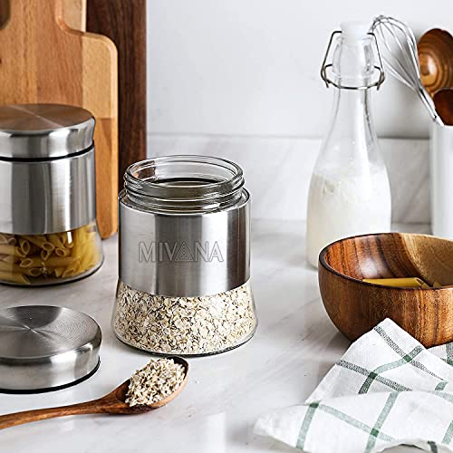 Image of 350Ml Stainless Steel Canister Glass Jar With Lid,Premium Pantry Organizers Containers And Perfect Kitchen Storage For Canning Cereal,Coffee,Sugar,Tea,Pasta And Beans Containers Set Of 2,Silver