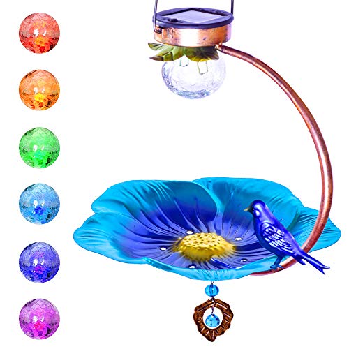 Solar Wild Bird Feeder Hanging for Garden Yard Outside Decoration, Outdoor Bird Bath and Solar Powered Lights Metal Flower Tray Feeder for Birds, Wild Birds Waterer as Gift Ideas for Bird Lovers