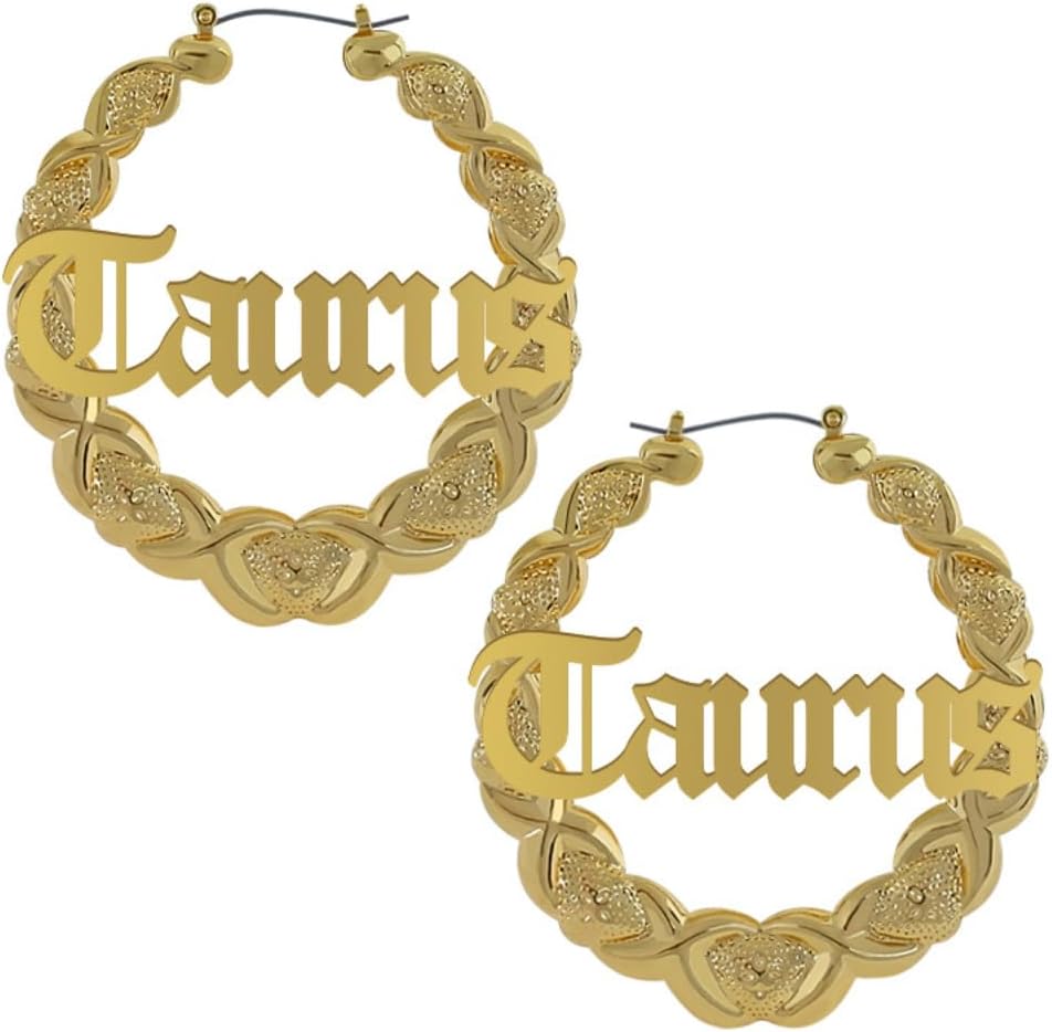 Zodiac Bamboo XOXO Hoop Earrings with Old English Font for Women Astrology Earrings Fashion Jewelry 14K Gold Plated 90's Earrings for Women Hip Hop Style Party Accessory