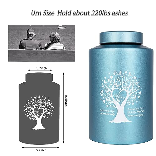 Stylitzy Urn for Human Ashes Adult Male Female Memorial Cremation Urn Large Up to 220lbs Decorative Funeral Burial Metal Urns Life Tree Design, Lake Blue