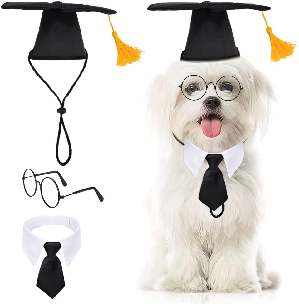 3 Pieces Graduation Hat for Small Dog, Pet Graduation Caps with Necktie Collar and Glasses Dog Graduation Cap with Yellow Tassel, Pet…