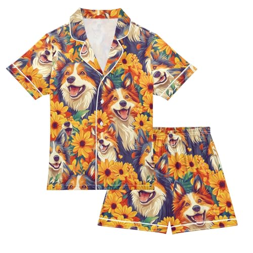 ALAZA Sunflower Puppy Dog Blossom Satin Pajamas Set Short Sleeve Button Down Sleepwear Summer Pjs 2 Piece