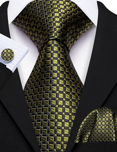 Image of Barry.Wang Plaid Ties Check Mens Necktie Set with Handkerchief Cufflinks Classic Stripe