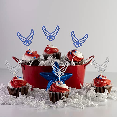 Gyufise 24Pcs Silver Blue Glitter Emblem Cupcake Toppers For Army Navy Air Force Theme Retirement Party Wedding Party Birthday Party Decorations #TOP4
