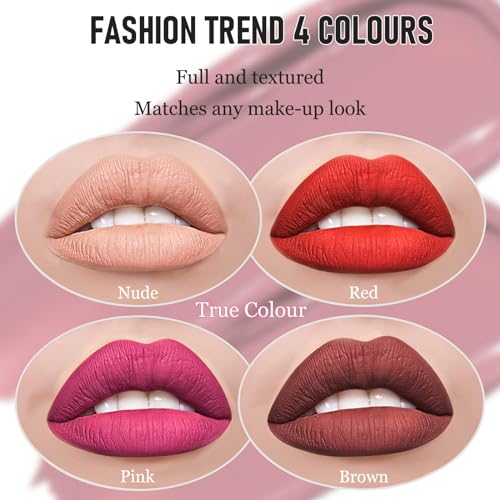 VEROA 4 Colors Matte Liquid Lipstick Lip Gloss Set - High Color High Coverage Creamy Texture Natural Lipstick Lasting Waterproof Non-Stick Cup Pink Lipstick - Vegan Formula - Image 6