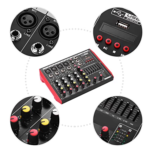caigou Console de mixage portable D6 6 canaux EQ 7 bandes Alimentation fantôme 48 V intégrée Prise en charge de la connexion BT Lecteur MP3 USB pour l'enregistrement de musique Réseau DJ Diffusion en - Image 6