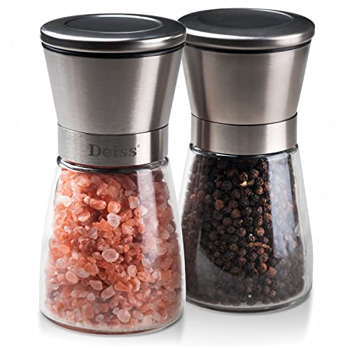 Deiss PRO Moulins à Poivre et Sel – Set de moulins manuels pour gros sel, poivre en grain et sel rose de l'Himalaya – La salière et poivrière d'acier inoxydable et verre - Avec broyeur en réglable