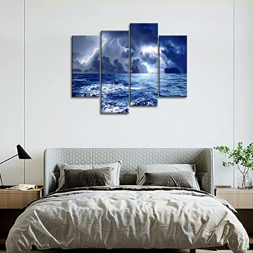 Canvas Print Wall Art Picture Sea Before Storm Dark Clouds Surging Wave With Lighting 4 Pieces Modern Giclee Stretched And Framed Artwork The Seascape Pictures Photo Prints On Canvas