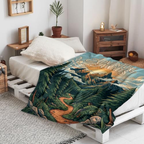 Couverture en flanelle douce canapé lit jeté de plaid vert automne motif montagne 127 x 152 cm - 5