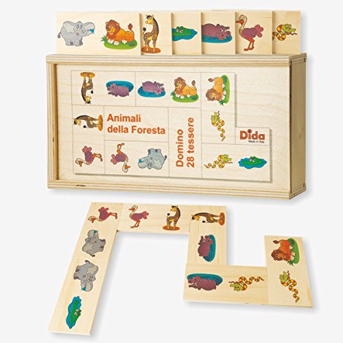 Dida - Domino Animali della Foresta. Leoni, ippopotami, coccodrilli, Serpenti, Elefanti illustrati nel Domino Gioco da Tavolo con Tessere e Scatola di Legno per Bambini.