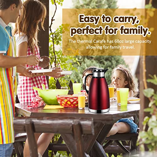 68 Oz Thermal Coffee Carafe,2 Liter Stainless Steel Thermos Carafe,Double Wall Insulated Coffee Server,Fully Sealed Coffee Thermos Dispenser Keep Hot 12 Hours,Vacuum Thermal Pot for Coffee,Tea (Red)