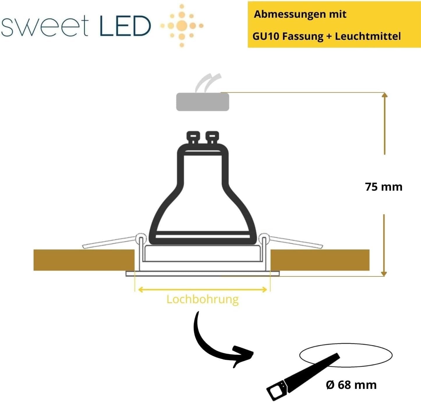 Sweet Led Einbaustrahler 230V Weiß 12er Set – Deckenspots schwenkbar Ø68mm – 5W GU10 warmweiß 3000K – Einbauleuchten mit Keramik-Fassung & austauschbarem Leuchtmittel