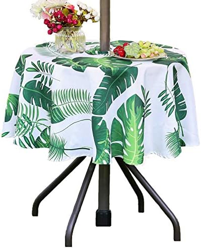 Poise3EHome 60 inches Outdoor/Indoor Waterproof Tropical Round Tablecloth with Umbrella Hole Zipper Green for Camping Picnic Party Patio Table Spring, Palm Leaf