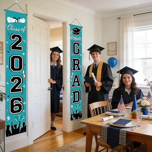 Image of Graduation Banner Class of 2026, Teal Graduation Decorations 2026 Porch Banner, Congrats Grad Decorations for Door and Porch Party Supplies