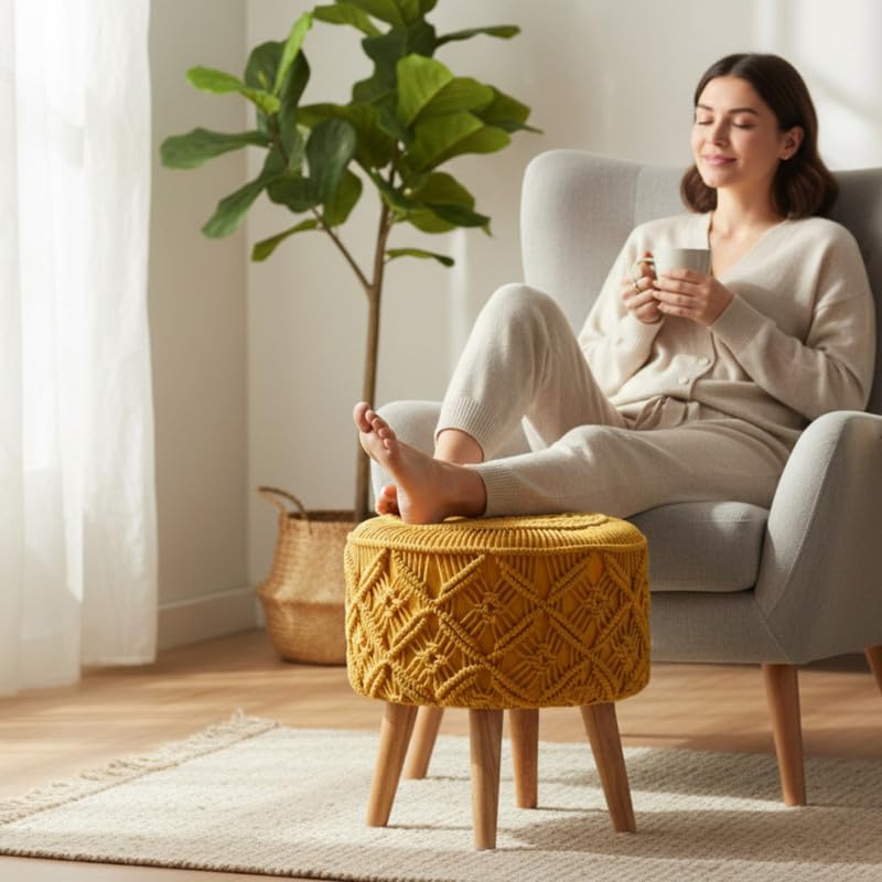 Image of Ottoman Foot Rest Puffy, Cotton Dori Ottoman for Home Decor, Solid Wood Legs Dressing Stool, Footstool Puffy for Living Room & Office Room | 16x17 Inch, Set of 2, Macrame Yellow-Dark Grey