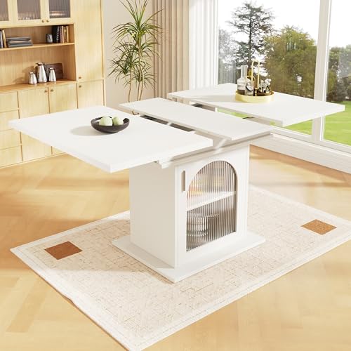 Zepneiy Table à Manger escamotable (140 x 80 x 76 cm) avec Rangement, Table de Cuisine Peu encombrante, Table à Manger avec Porte en Verre Transparent, Blanc