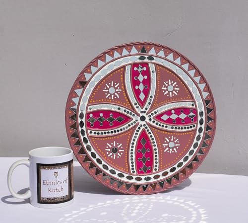 Image of Ethnics of Kutch Traditional Kutch Handicraft Mud-Mirrorwork Lippan Kam Wall Art (Water and Break Resistant) - Round (12 Inch Diameter) - (Greyish Purple LKT-0283)