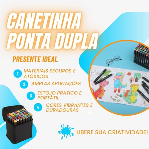 Caneta Marcadora De Ponta Dupla Canetinha Marcador para Colorir Desenho Professional, Pontas Duplas,