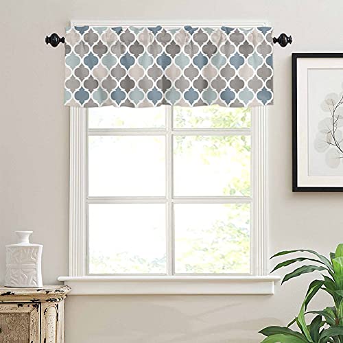 Window Valance Rod Pocket Short Curtain Panels Moroccan Tile Indigo Grey Kitchen Valances Curtains, Geometry Lattice Window Treatments Drapes For Living Room Bedroom Decor #TOP2