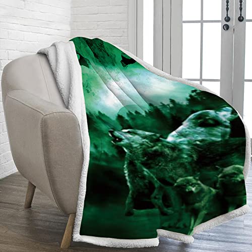Alottagifts Wolves Wolf Green 50’’ X 60" Sherpa Fleece Blanket For Bed Couch & Sofa - Soft Couch Blanket And Throws For Adults 100% Polyester Cozy Blanket For Both Adults And Child (Wolves Wolf Green) #TOP1