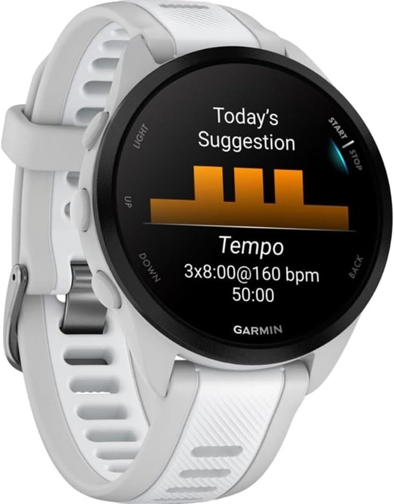 Garmin 010-02863-21 Forerunner 165 Smart Sport Watch Mist Gray + Whitestone Bundle with Deco Essentials Charging Dock, Silicone Dust Cover 3 Pack and Screen Protector for 1.2 inch 2 Pack