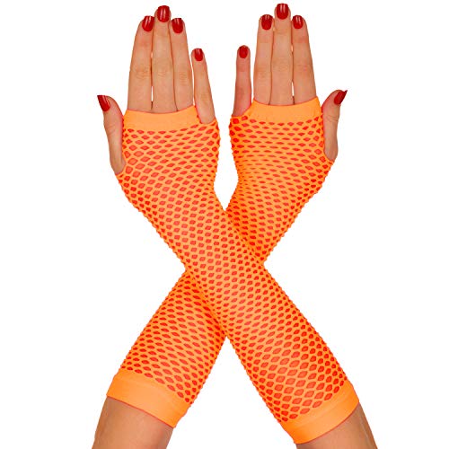 Neon Fishnet Gloves Dance Party 80s Fingerless - Retro Fancy Dress Accessory (Orange)