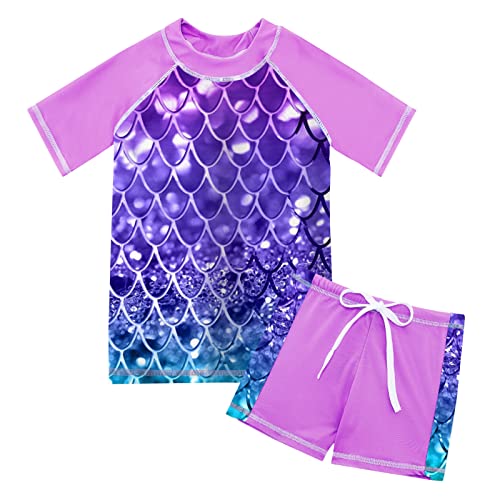 Image of Lovekider Girls Swimsuits Two Piece Rash Guard Set Short Sleeve Bathing Suit Liner Swimwear with Sun Protection 3-12T