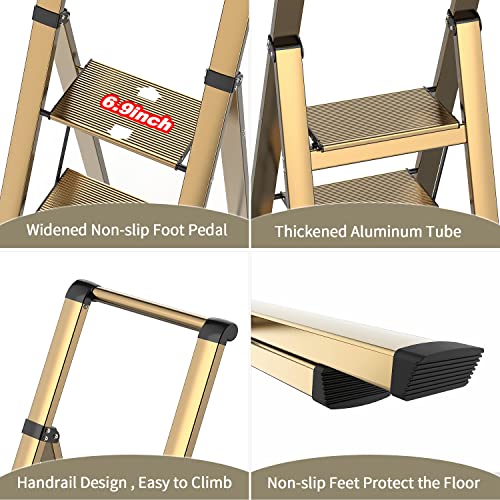5 Step Ladder, Folding Step Stool, Lightweight Aluminum Foldable Ladder With Anti-Slip Wide Sturdy Pedal And Handgrip, Multi-Use For Home, Library, Office, Garage (330 Lbs Capacity) - Brown Gold #TOP6