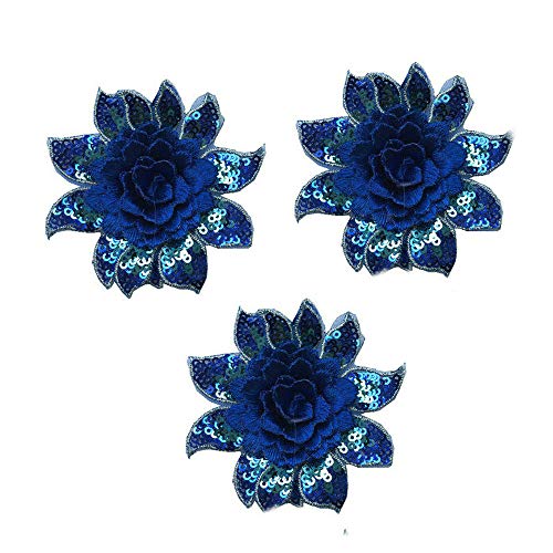 3D Flower Sequins Lace Applique Charming Blue / Purple / Rose Red Color Embroidered Fabric Trim Diy Sewing Craft 2 Pieces 8X7.5Cm #TOP11