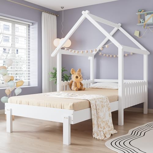 BTM Wooden Single Bed for Kid, Pull-out Bed with Safety Guardrails and Aesthetic Roof Design, 3ft-90x190cm, Pine+MDF+Plywood, White, No Mattress