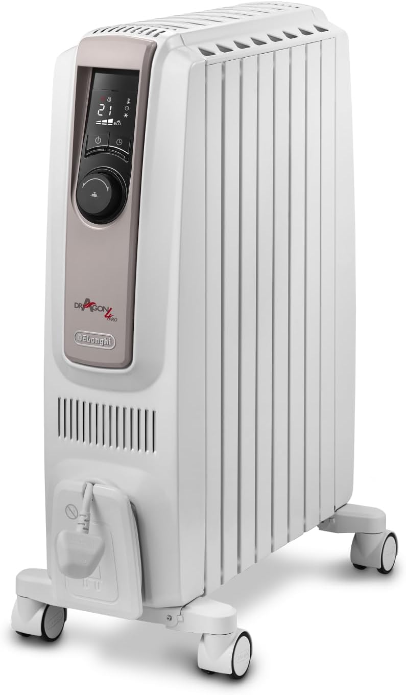 De'Longhi Dragon 4 TRDSX40820E.WB, Oil Filled Radiator with Electronic Timer, Quiet Heater with Functional Design, Chimney Design and Castors, Safety Thermostat, 3 Fan Settings, 2000W, White/Beige