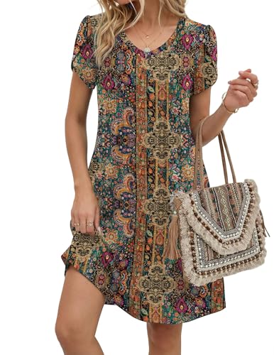Zeagoo Plus Size Dress for Curvy Women Casual Summer Dresses Loose Fit A Line Dress Fi and Flare Boho Dress, Boho Brown Print