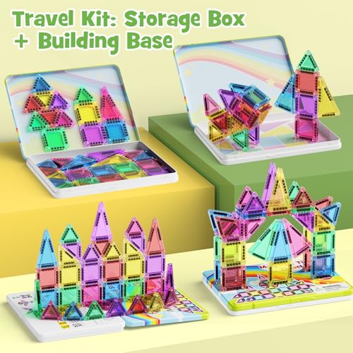 Image of Magnetic Tiles Travel Set Toddlers: 42PCS Mini Building Blocks for Planes | Iron Case Flips to Play Base, 1:1 STEM Visual Guide Teaches Cleanup, Candy Colors Quiet Car Ride Activities for Kids Ages 3-5