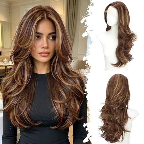 XIXIBI 13x4 Lace Front Wig Brown Highlight 26 Inch Feathered Layered Wig for Women, Glueless Synthetic Wig with Dimensional Color Natural Hairline for Daily Party Use