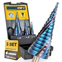 Stufenbohrer Set Ø 4-12 + 4-20 + 4-32 mm / 3 Stck. Profi Metallbohrer Kegelbohrer HSS-E Co 5% / Amboss PowerStep 3 TiAlSiN Blue Nano Guard/für Stahl, Inox, Edelstahl, Alu, Kunststoff, Acrylglas