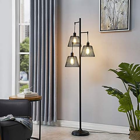 WOXXX Industrial Floor Lamp for Living Room, Black Tree Floor Lamp with 3 Elegant Net-Mounted Head, Sturdy Base Tall Vintage Pole Light Great for Farmhouse Rustic Home Bedroom Office（Bulbs Exclude） Cover
