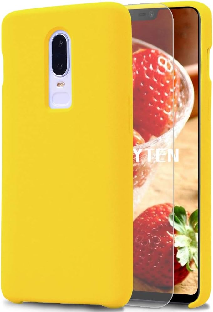 Feyten OnePlus 6T Case [with Free Tempered Screen Protector], Liquid Silicone Gel Rubber Soft Touch Cover Full Protective Case for OnePlus 6T (Yellow)