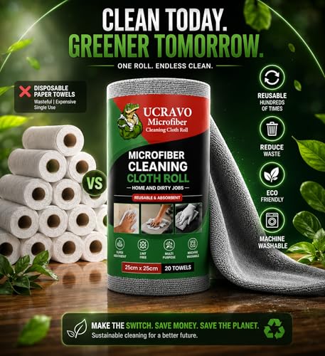 Image of UCRAVO Reusable Kitchen Towel Roll microfiber cleaning cloth - 2000 Times Washable | Soft & Highly Absorbent| Alternative to Dishcloth Kitchen Tissue Paper Roll | 20 Sheets for Home Glass Cleaning