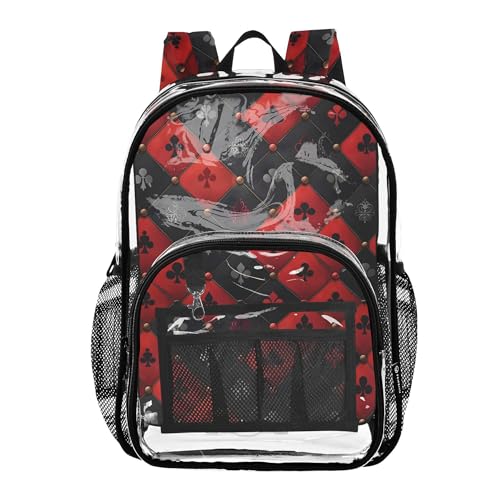 MNSRUU Large Clear Backpack for School Stadium Concerts Sports Events Royal Red Black Diamond Transparent Heavy-Duty PVC Backpack with Adjustable Straps, See-Through Bag Multiple Compartments