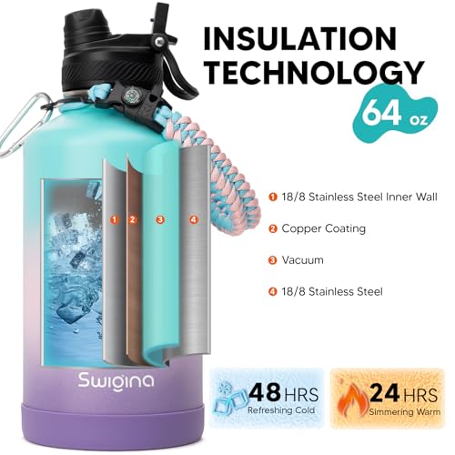 Image of Swigina [2-IN-1 LID] 64 oz Insulated Water Bottle with Silicone Boot (48hrs Cold /24hrs Hot) - DIY Stickers, Leakproof, BPA Free, Half Gallon
