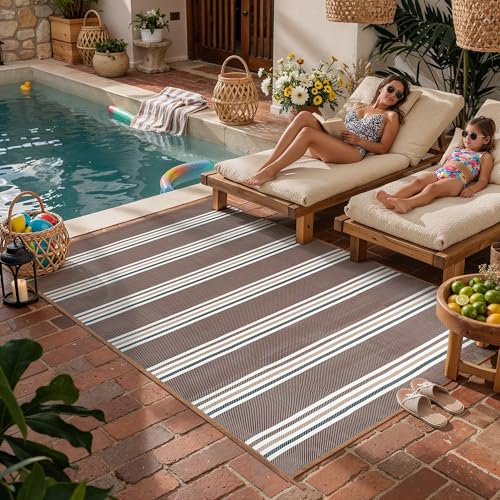 Outdoor Plastic Straw Rug Black/Beige Large Outside Waterproof Outdoor Patio 6x9 Carpet Geometric Reversible Mat Modern for Camping RV Porch Deck Balc